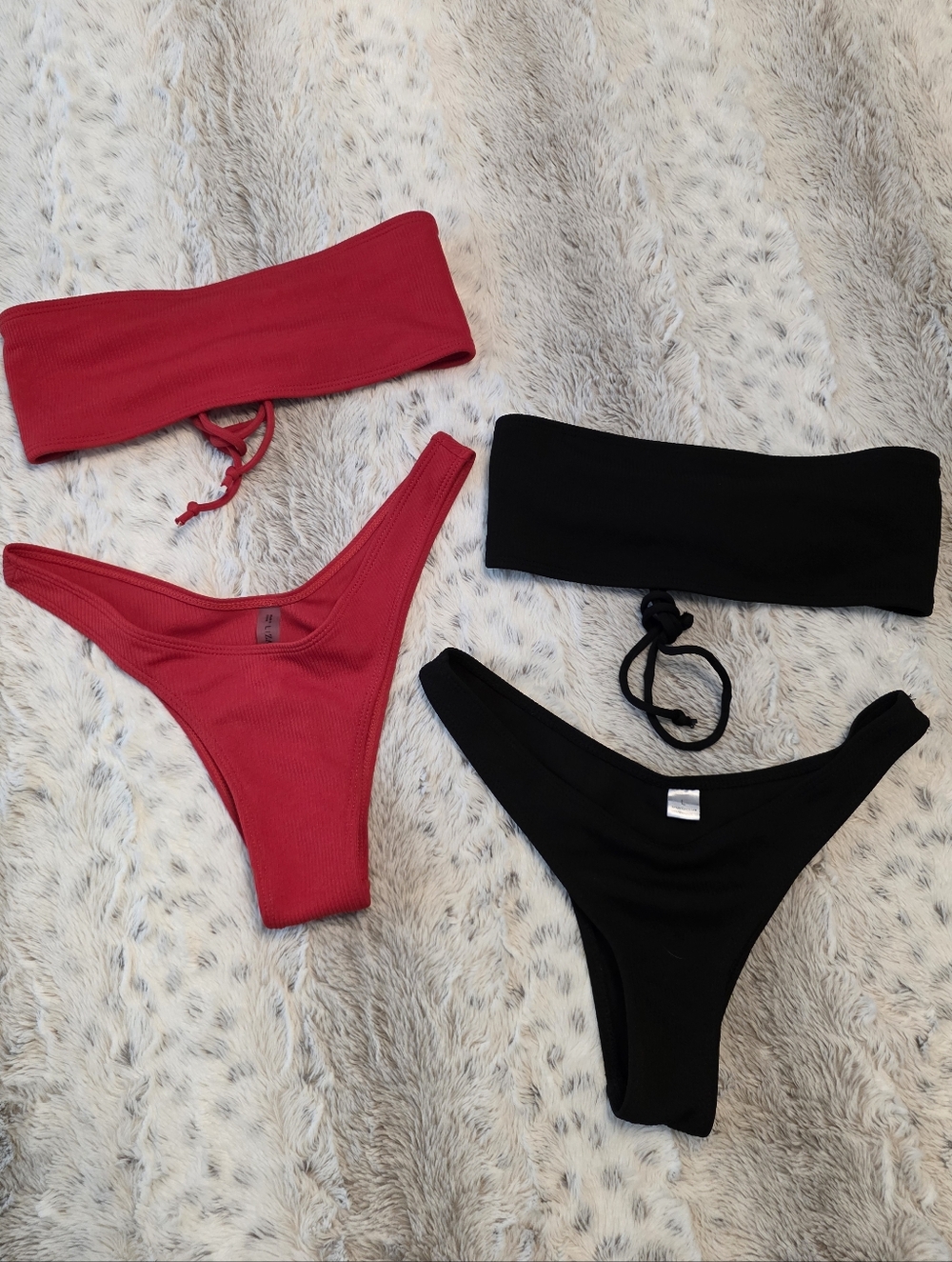 Red & Black Ribbed Bandeau Bikini Set LARGE - Two Piece Swim